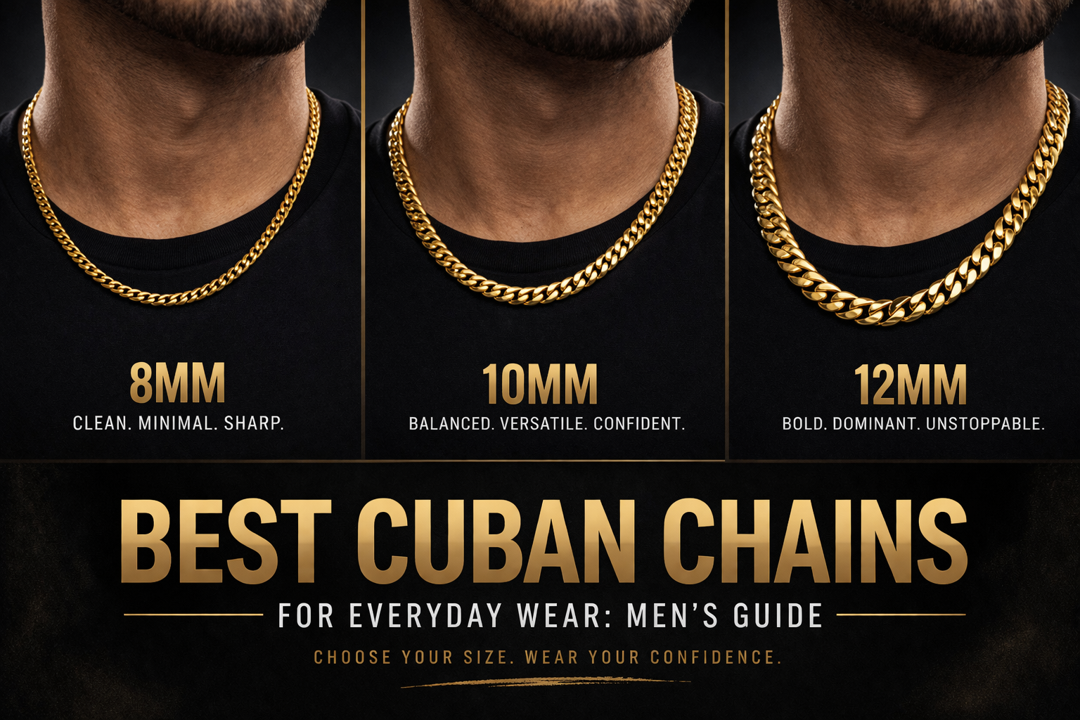 men wearing gold Cuban chains 8mm 10mm 12mm comparison best Cuban chains for everyday wear guide