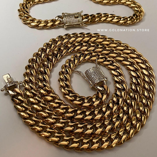 10mm Miami Cuban Link Chain Diamond Lock Necklace Jewelry Set - Gold Nation Store