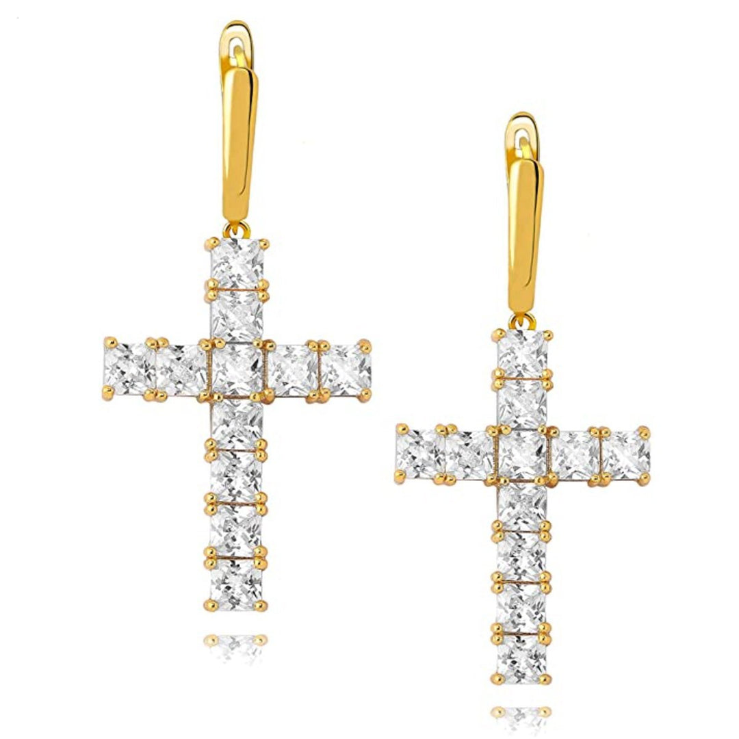 14k Goldplated Dangle Cross Huggie Hinged Hoop Earrings - Gold Nation Store