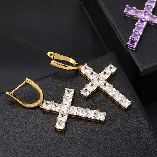 14k Goldplated Dangle Cross Huggie Hinged Hoop Earrings - Gold Nation Store