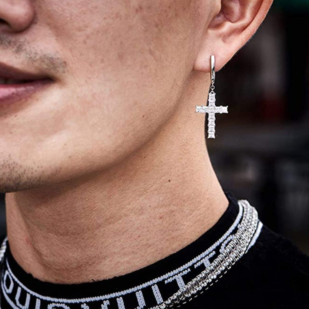 14k Goldplated Dangle Cross Huggie Hinged Hoop Earrings - Gold Nation Store