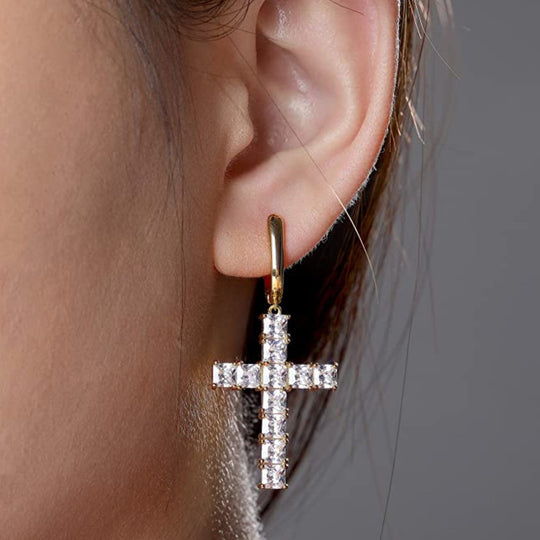 14k Goldplated Dangle Cross Huggie Hinged Hoop Earrings - Gold Nation Store