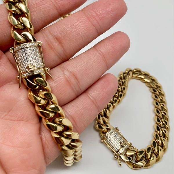8mm Miami Cuban Link Diamond Lock Jewelry Set - Gold Nation Store
