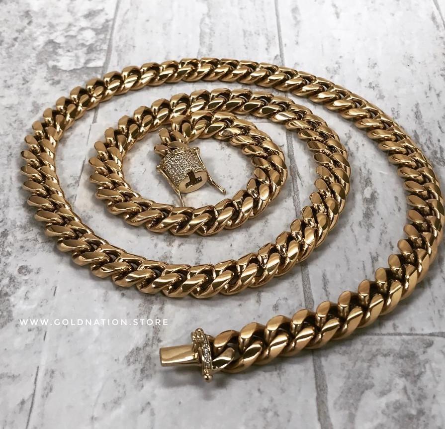 8mm Miami Cuban Link Diamond Lock Jewelry Set - Gold Nation Store