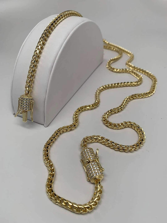 4mm Franco Snake Chain Necklace Jewelry Set (Diamond Lock) - Gold Nation Store