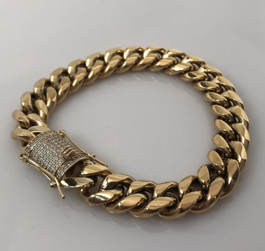 12mm Miami Cuban Bracelet Diamond Lock - Gold Nation Store