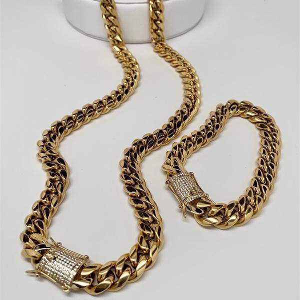 14mm Miami Cuban Link Diamond Lock Necklaces Jewelry Set - Gold Nation Store