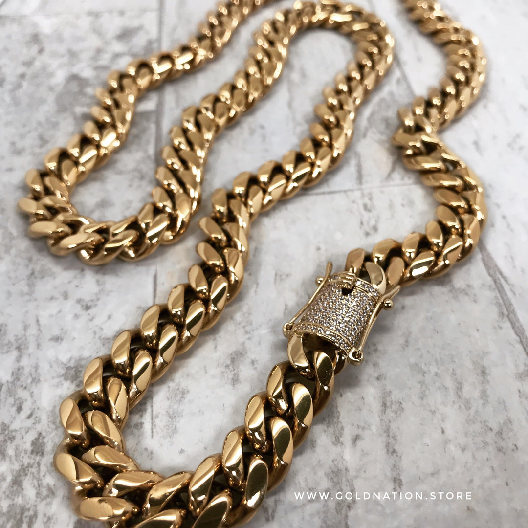 14mm Miami Cuban Link Diamond Lock Necklaces Jewelry Set - Gold Nation Store