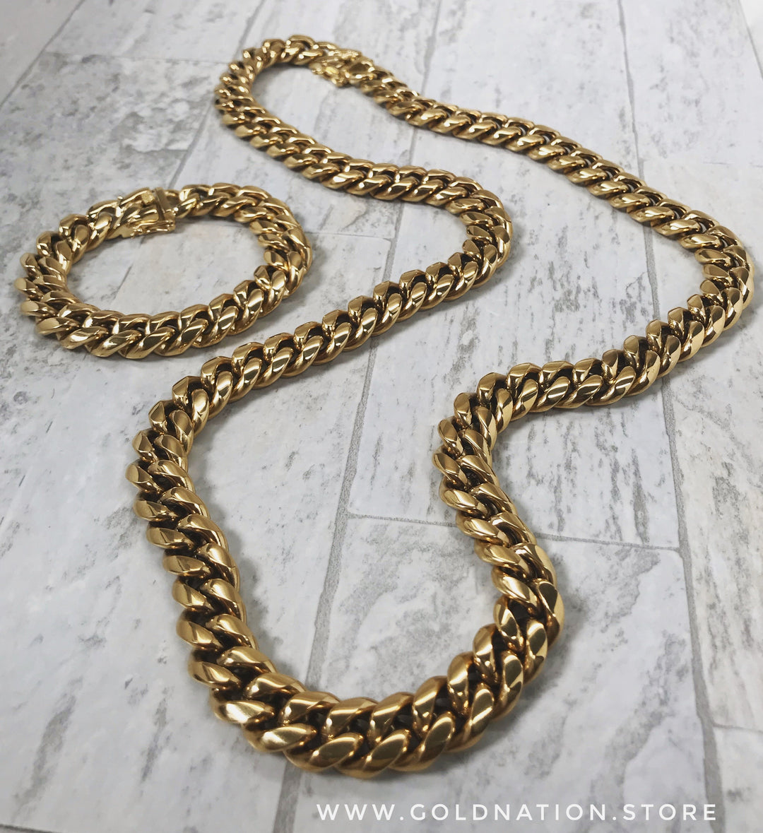 14mm Miami Cuban Link Necklace Box Lock Jewelry Set - Gold Nation Store