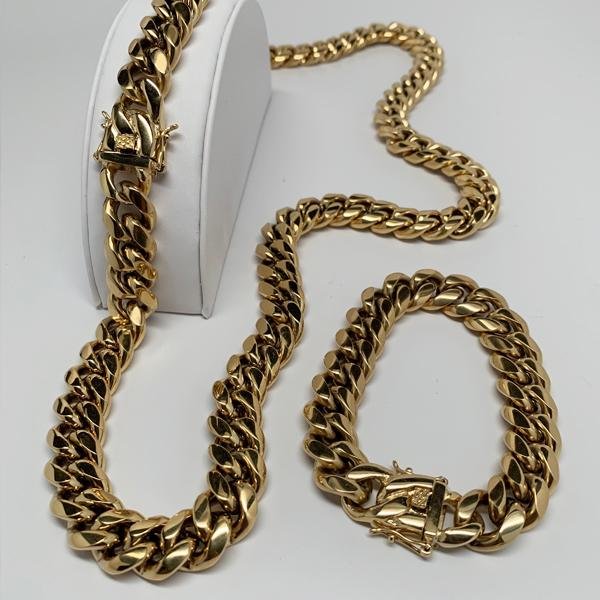 14mm Miami Cuban Link Necklace Box Lock Jewelry Set - Gold Nation Store