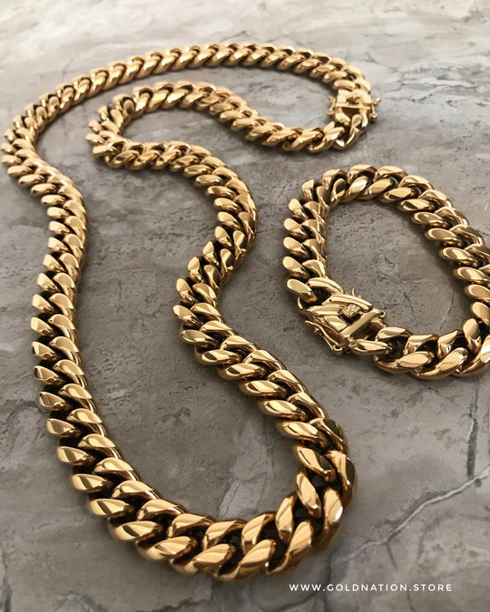 14mm Miami Cuban Link Necklace Box Lock Jewelry Set - Gold Nation Store