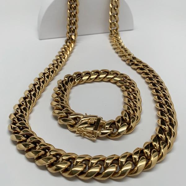 14mm Miami Cuban Link Necklace Box Lock Jewelry Set - Gold Nation Store