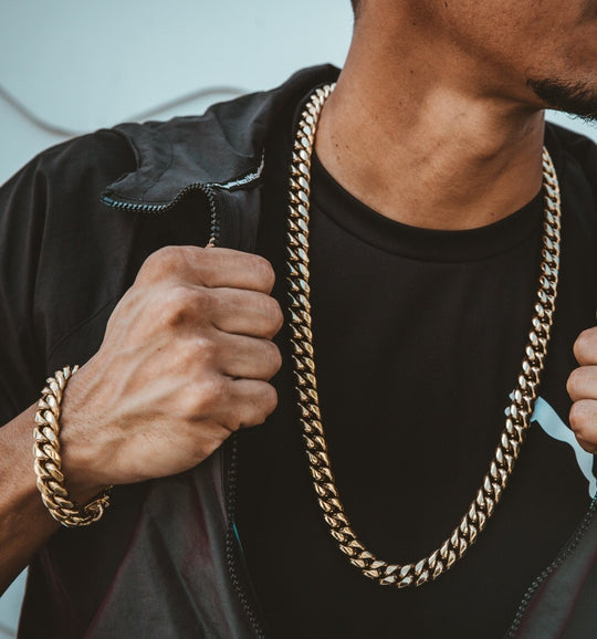 14mm Miami Cuban Link Necklace Box Lock Jewelry Set - Gold Nation Store